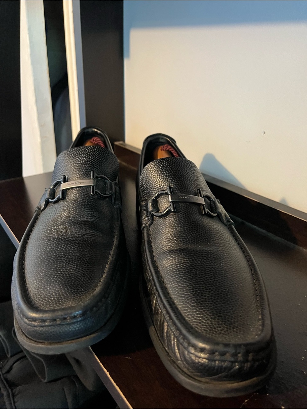 Salvatore Ferragamo Black Pebbled Leather Bit Slip-Ons